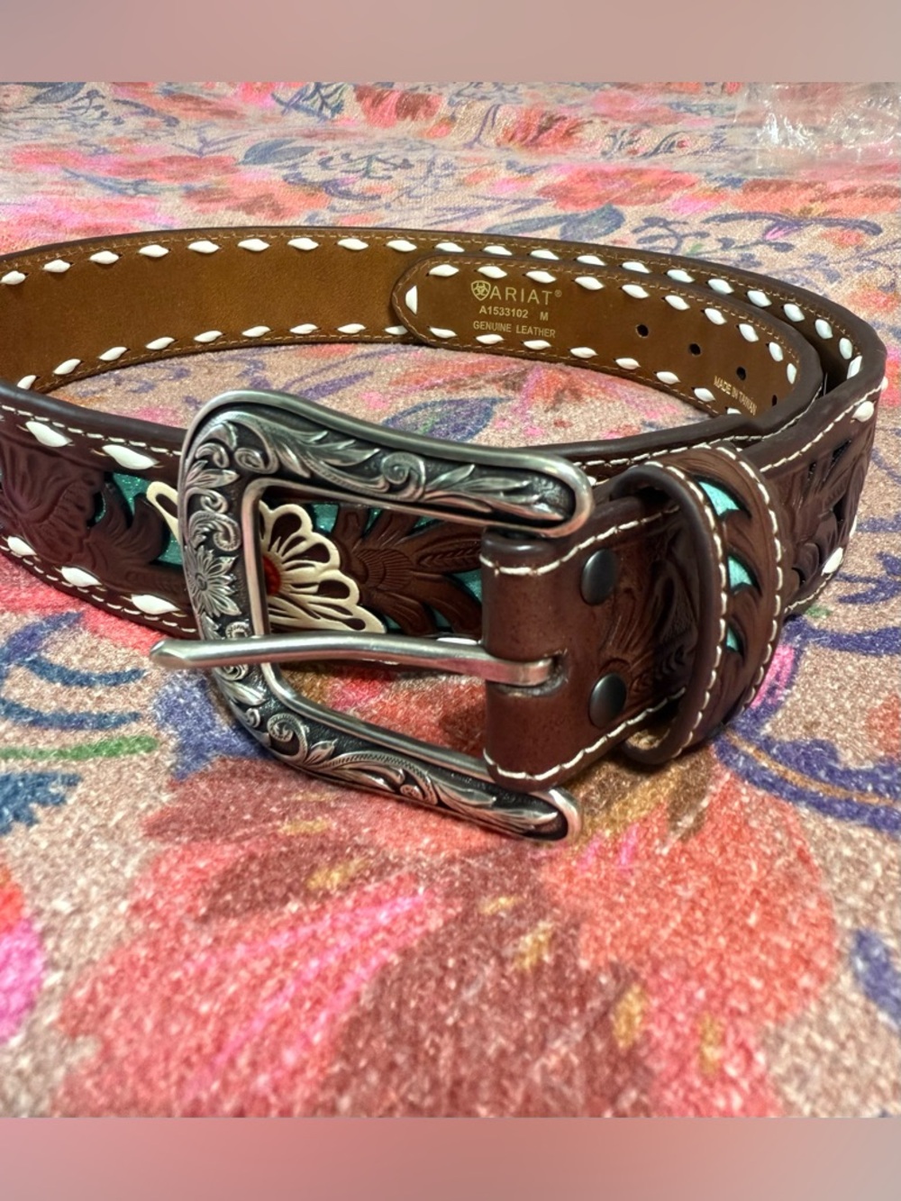 Ariat Brown Leather Western Belt with Turquoise Accents